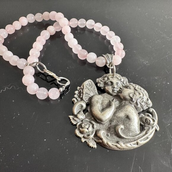 Cherub Rose Quartz Pendant Necklace Handmade Silver Repoussé Art Nouveau Gift - Picture 6 of 9